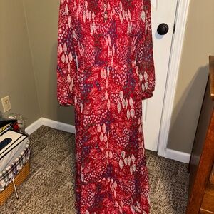 LOFT Red and White Long Sleeve Smocked tiered lined maxi Dress size 10